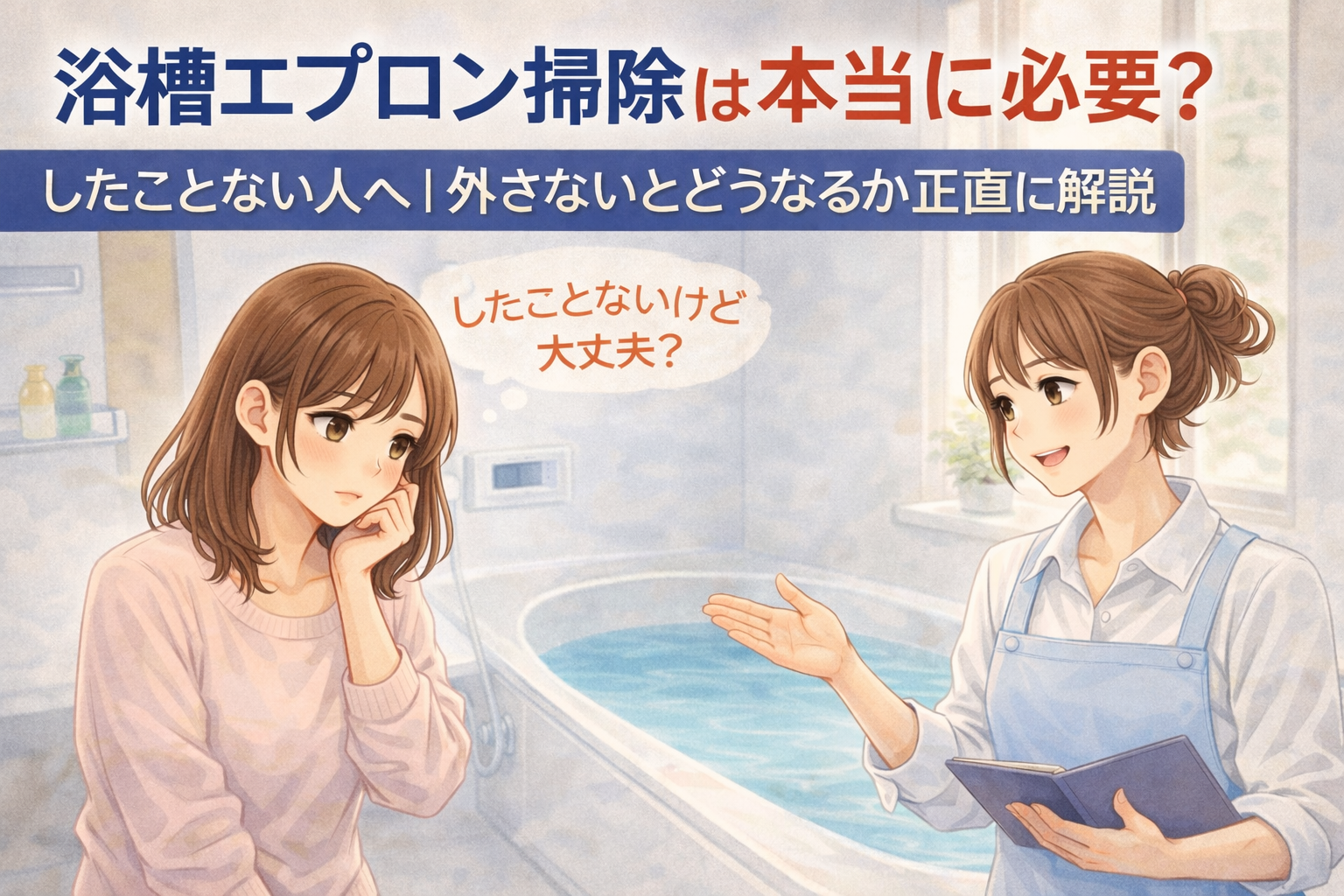 お風呂のエプロン掃除を自分でやった方がいいのか悩んでいる女性と優しく説明している家事代行スタッフの女性