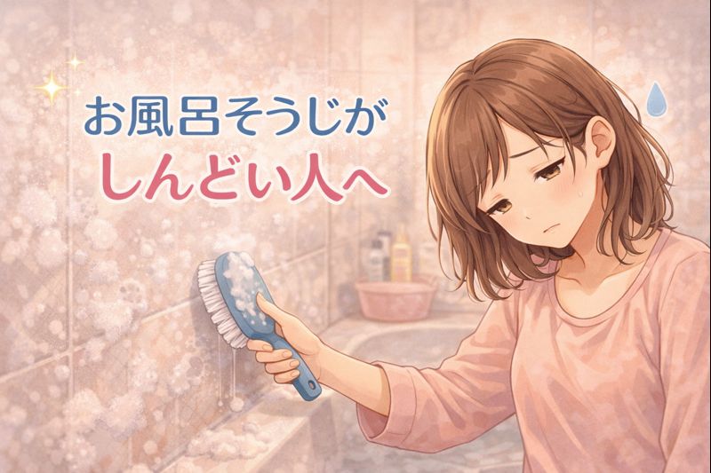 お風呂掃除がしんどくて悩む女性のイメージイラスト