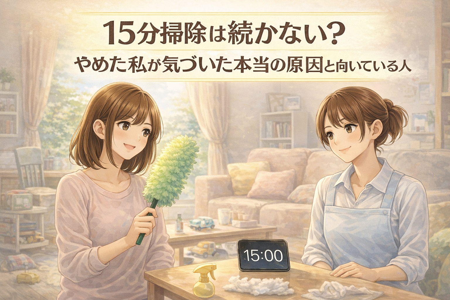 15分掃除をやめる決断をした女性とそれを静かに肯定する家事代行女性スタッフ