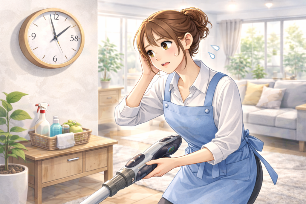 時間以内に終わりそうになく焦っている家事代行スタッフ