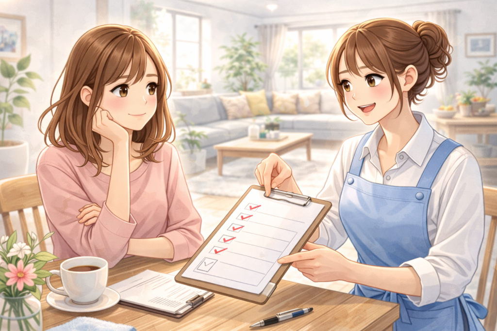 チェックリスト提示している家事代行スタッフ