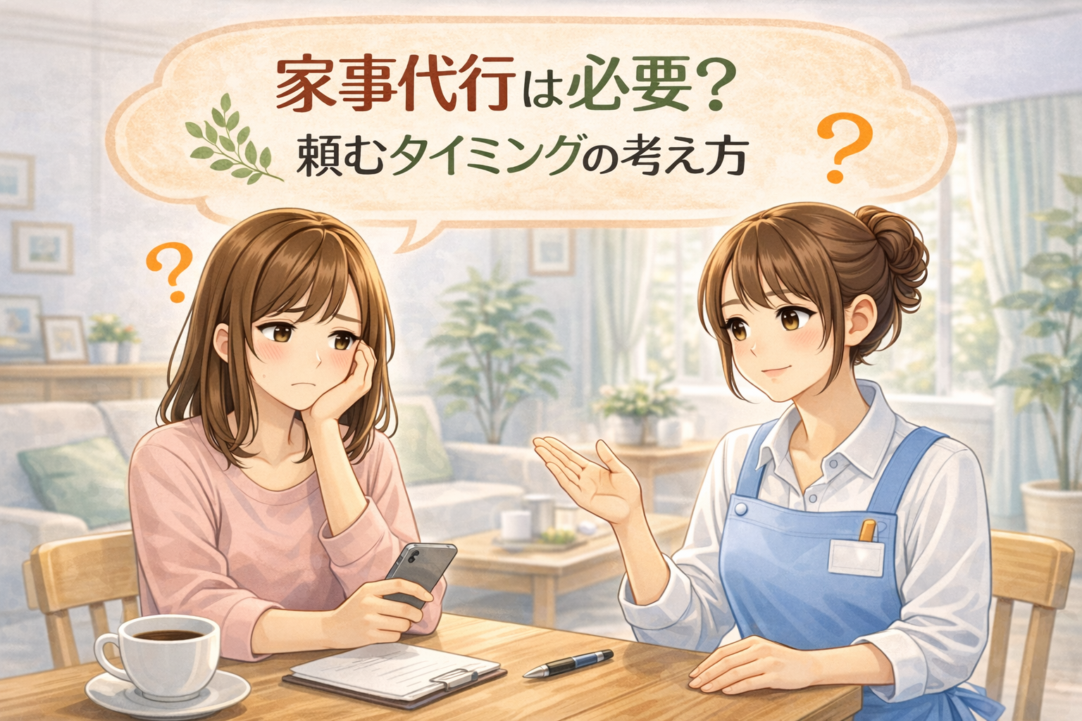 家事代行を頼むか悩んでいる女性とやさしくタイミングを説明する家事代行スタッフ女性の画像