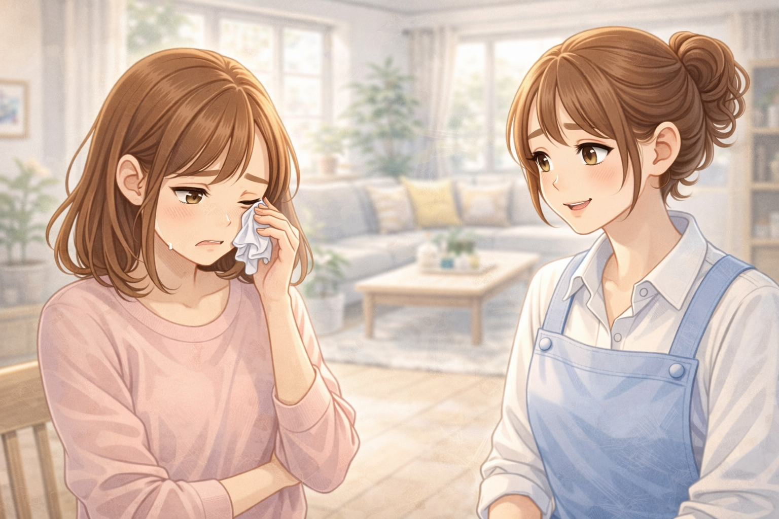 家事代行は甘えか悩み涙を拭う女性と寄り添うスタッフのイラスト